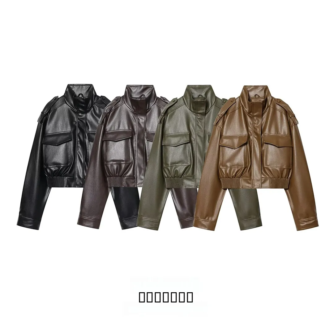 

KASLEAD Новое женское модное простое джинсовое пальто из искусственной кожи с воротником-стойкой, базовое длинное пальто свободного кроя