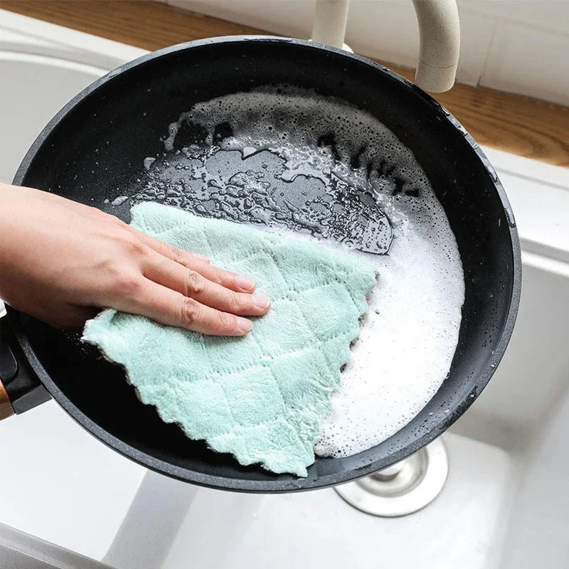 10/1Pcs Double-layer Microfiber Towel Absorbent Kitchen Cleaning Cloth Tableware Dish Wipe Rags Non Stick Oil Rags Scouring Pad