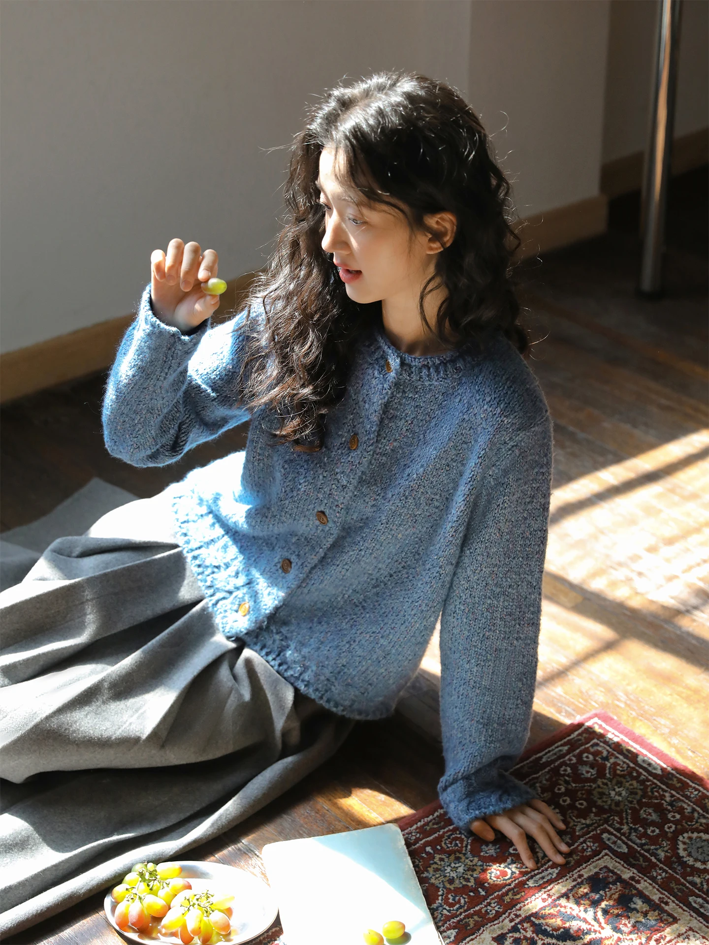 

Nesoulum Blue Knitted Open Cardigan Women's Loose Winter Vintage Sle Lazy Faion Long Sve Top with Random Dot Pattern