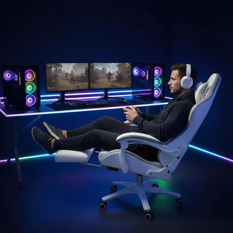 Fauteuil gaming blanc ergonomique 65×65×121-129 cm, dossier inclinable à 135° °   avec soutien lombaire adapté. Revêtement en PU confortable assurant un maintien du dos, des épaules et de la nuque pour des séances de jeu prolongées.