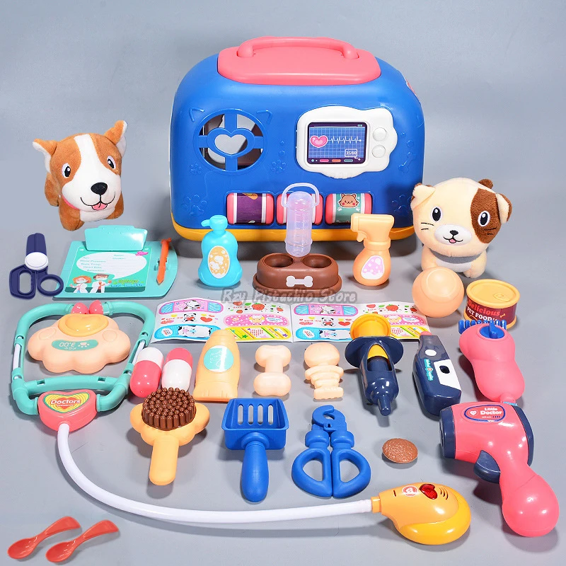 Pet Care Toys Sliding Suitcase Doctor Play House Set Kids Simulation Animal Fabric Dog Cat Grooming Feeding Gifts for Girls Boys