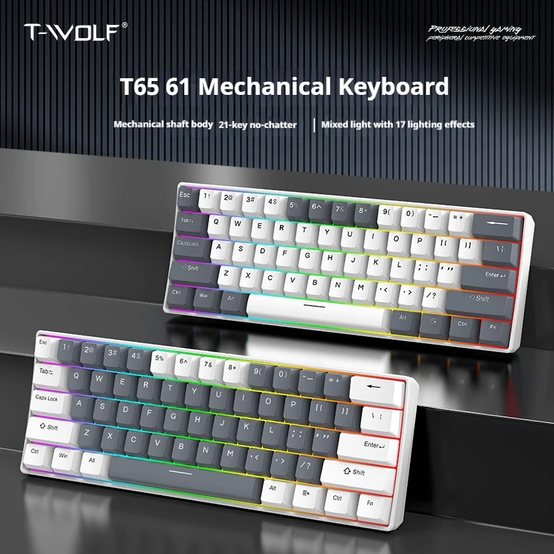 T-WOLF T65 Wired Mechanical Keyboard 61 Keys 60% Compact Layout RGB Light Effects Gaming Keyboard for PC Mac Office Gamer
