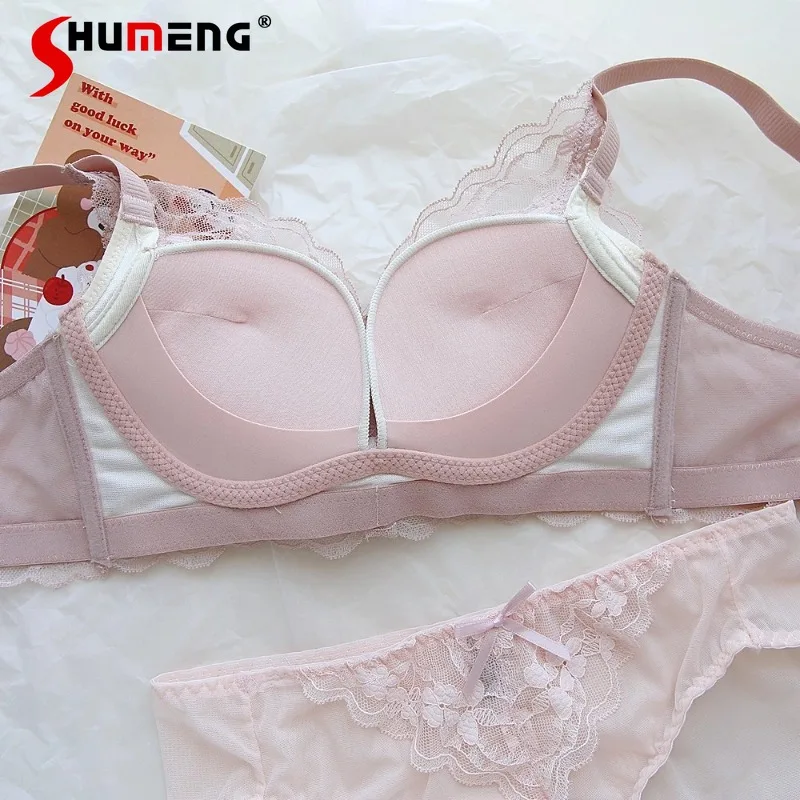 الصدر الصغيرة رفع اللاسلكية الدانتيل الصدرية مجموعة الإناث الدانتيل مثير الملابس الداخلية دعوى المرأة النمط الياباني الحلو لطيف موجز الدعاوى