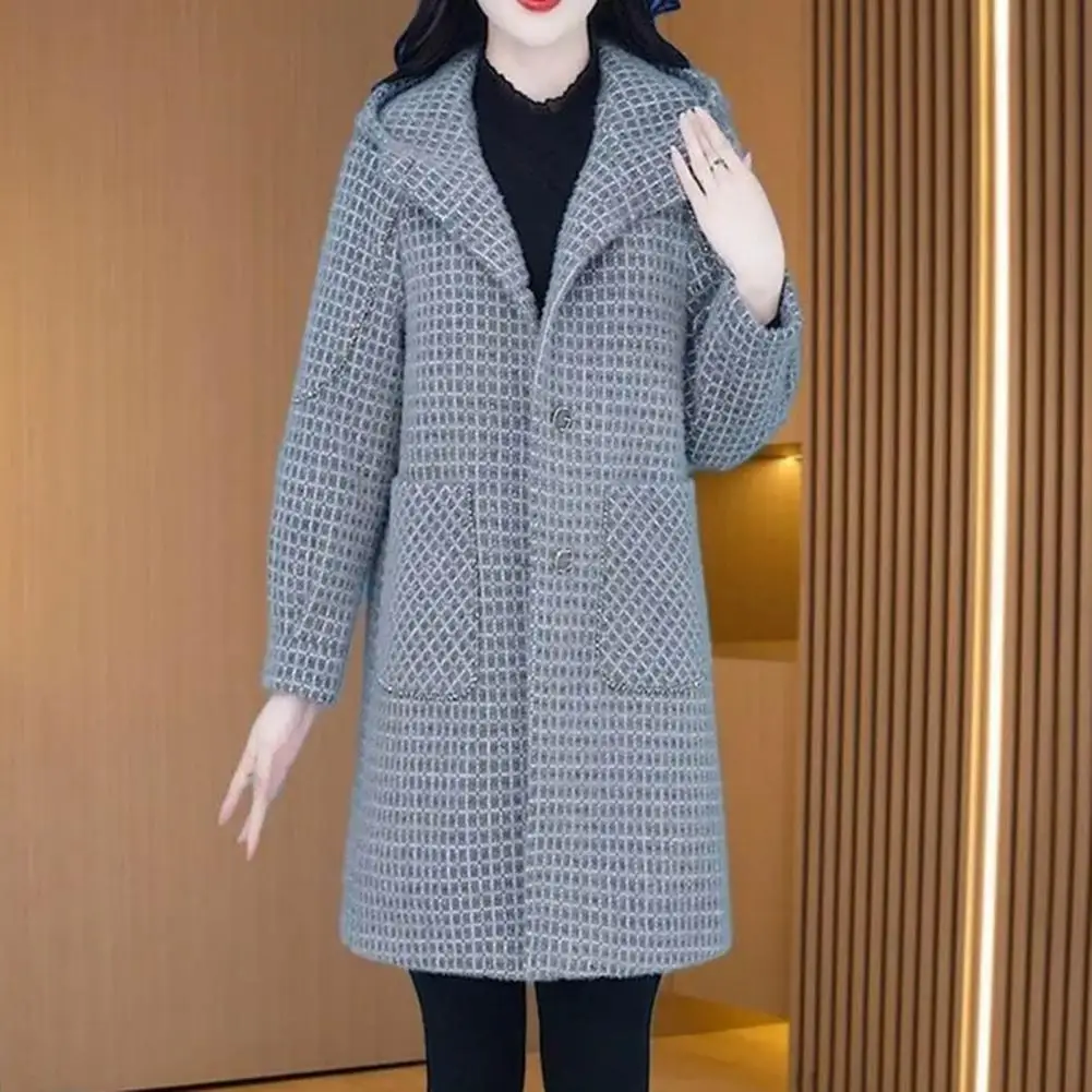 Lady Fall Winter Woolen Coat With Side Pockets Hooded Single-breasted Loose Plaid Mid Length Thick Keep Warm Overcoat For Travel