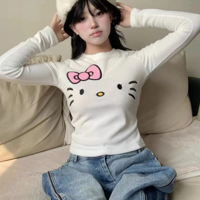 Sanrio Hello Kitty Embroidery Bow Cute Tops Women's Long Sleeve Autumn And Winter New Shirt Slim Fit Bottom Clothes