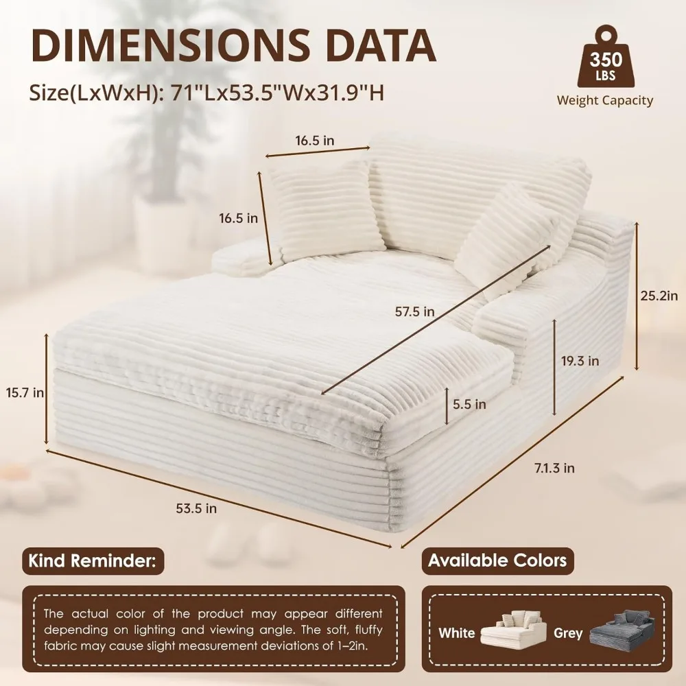 كرسي استرخاء كبير الحجم مقاس 71 بوصة، مقعد عميق 57.5 بوصة مع وسادة سميكة مقاس 6 بوصات، أريكة نوم منجدة مع وسائد، صالة مريحة #2