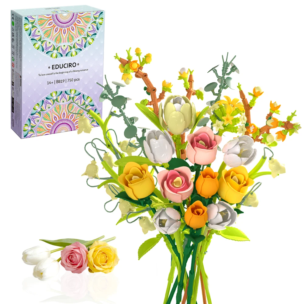 750Pcs - Plant and Flower Bouquet - Artificial Rose and Tulip Bouquet, Artificial Floral Building Set, Building Set for Boys and Girls, DIY Home Decoration Kit, Gift for Men to Give to Women