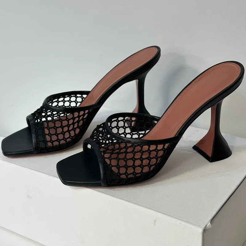 

Wine Glass Heel Weaving Slippers Sexy Square Toe Hollow Out Slip On New Arrivals Fashion Women Modern Shoes