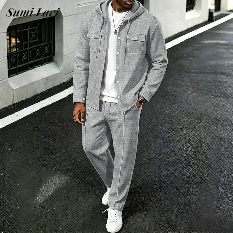 ensembles-deux-pieces-vintage-de-couleur-unie-pour-hommes-–-tenues-decontractees-tendance-en-tissu-gaufre-a-manches-longues-et-pantalon-survetements-a-capuche-pour-l'automne