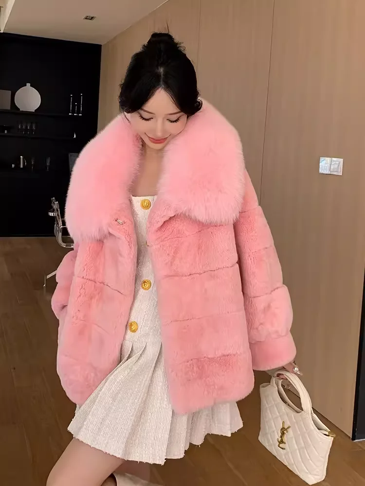 Winter New Real 100% Rex Rabbit Fur Coat Big Fox Fur Collar Skin Rex Rabbit Jacket Real Fur Outer Clothing