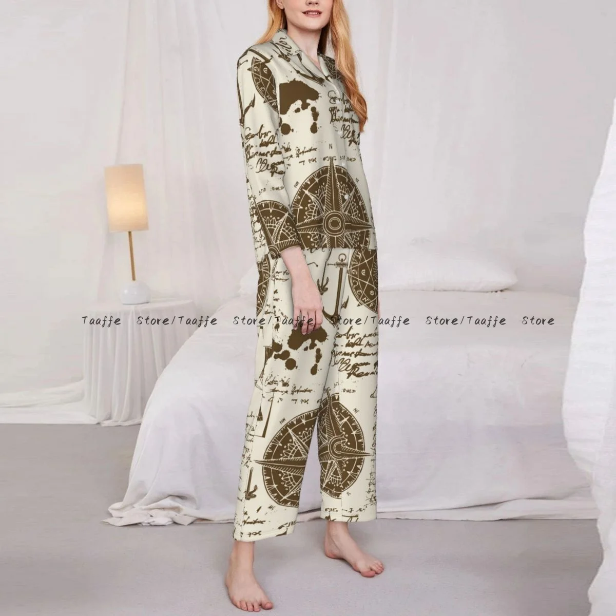 Autumn Pajama Set Women's Long Sleeve Pants Two Piece Old Manuscript With Caravels Wind Rose Anchors Home Furnishing Set