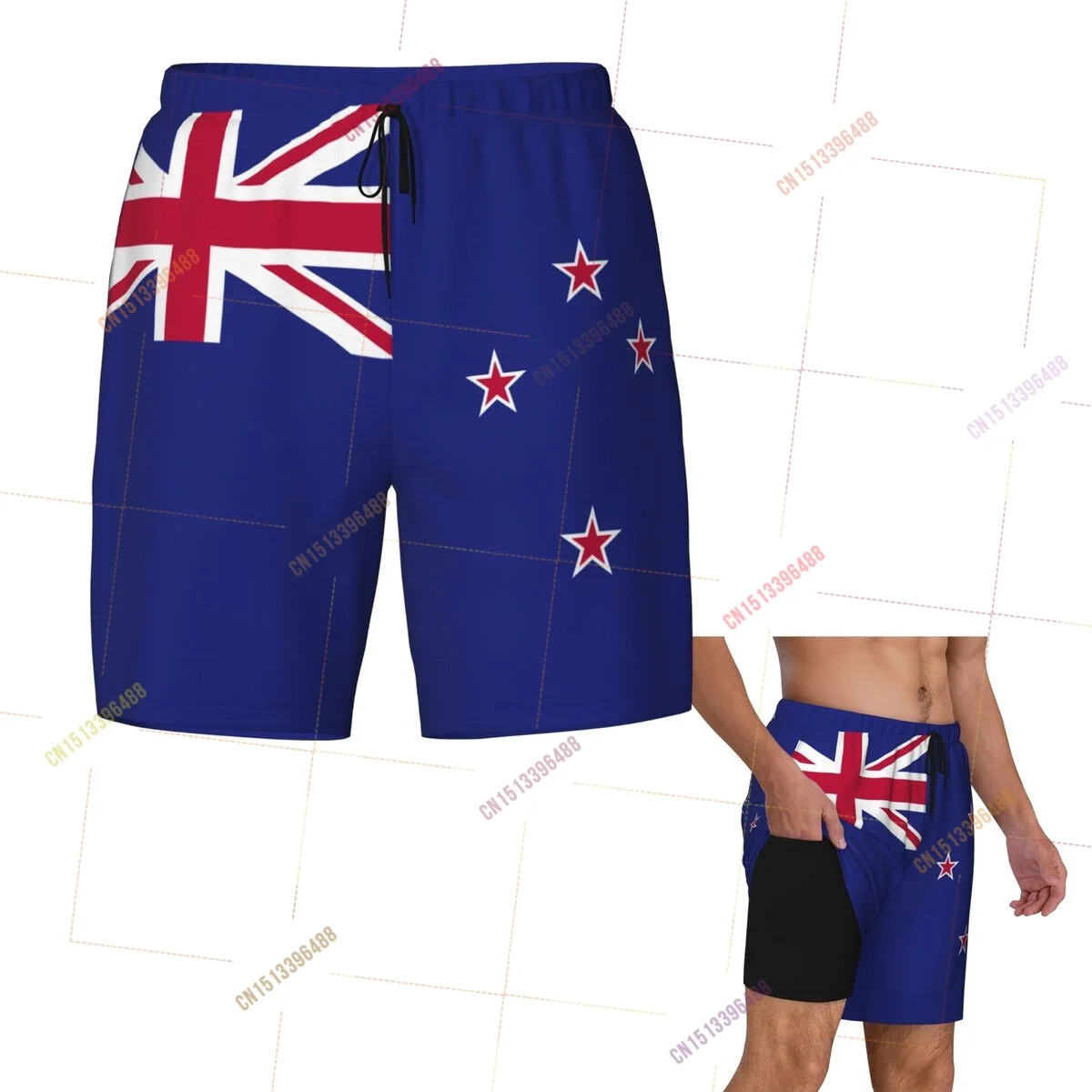 2026 New Zealand Flag Top Print 3D Mens Swimming Trunks Hawaiian Bathing Beach 2 in 1 Quick-Dry Summer Swim Shorts With Pockets