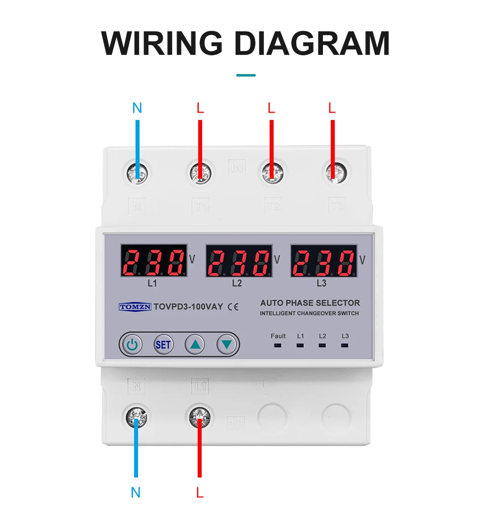 100A 3 phase 3P+N Din rail phase selector Voltmeter with adjustable Over and Under Voltage protection Monitor Relays Protector