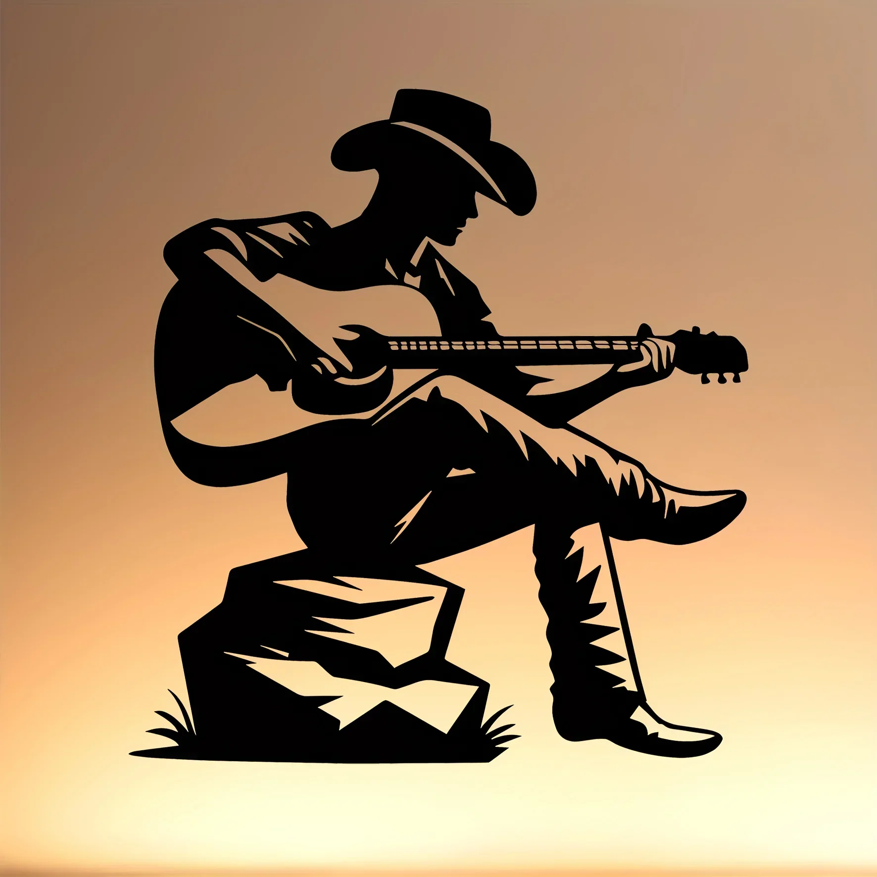 1 Piece Guitarist Silhouette Metal Wall Decor – Vintage Western Music Decor with Cowboy Hat and Guitar, Horizontal Wall Hanging Musical Artwork