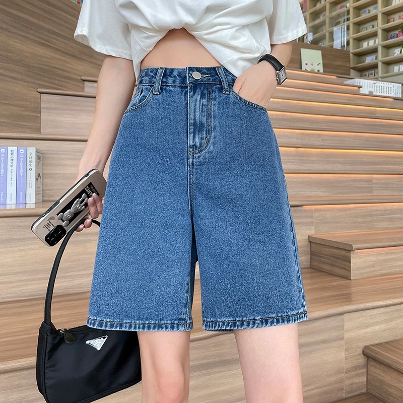 Shorts jeans de verão para mulheres, cintura alta, pernas largas, retrô, fino, reto, curto, algodão, azul, estilo coreano