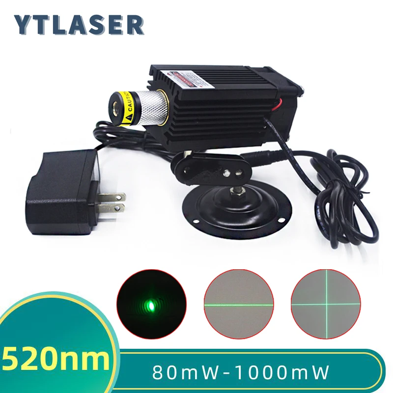 Long Time Working Focusable Glass Len 520nm Green Dot/Line/Cross Laser Module with Cooling Fan (with Bracket and Adapter)