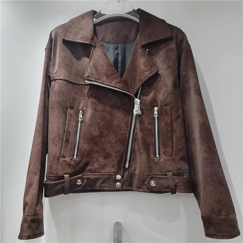 WTHT Vintage Mode Damen PU Leder Motorrad Kurze Jacke 2025, Sommer Trendy Lange Ärmel Zipper Mantel Weiblich 1LS2124