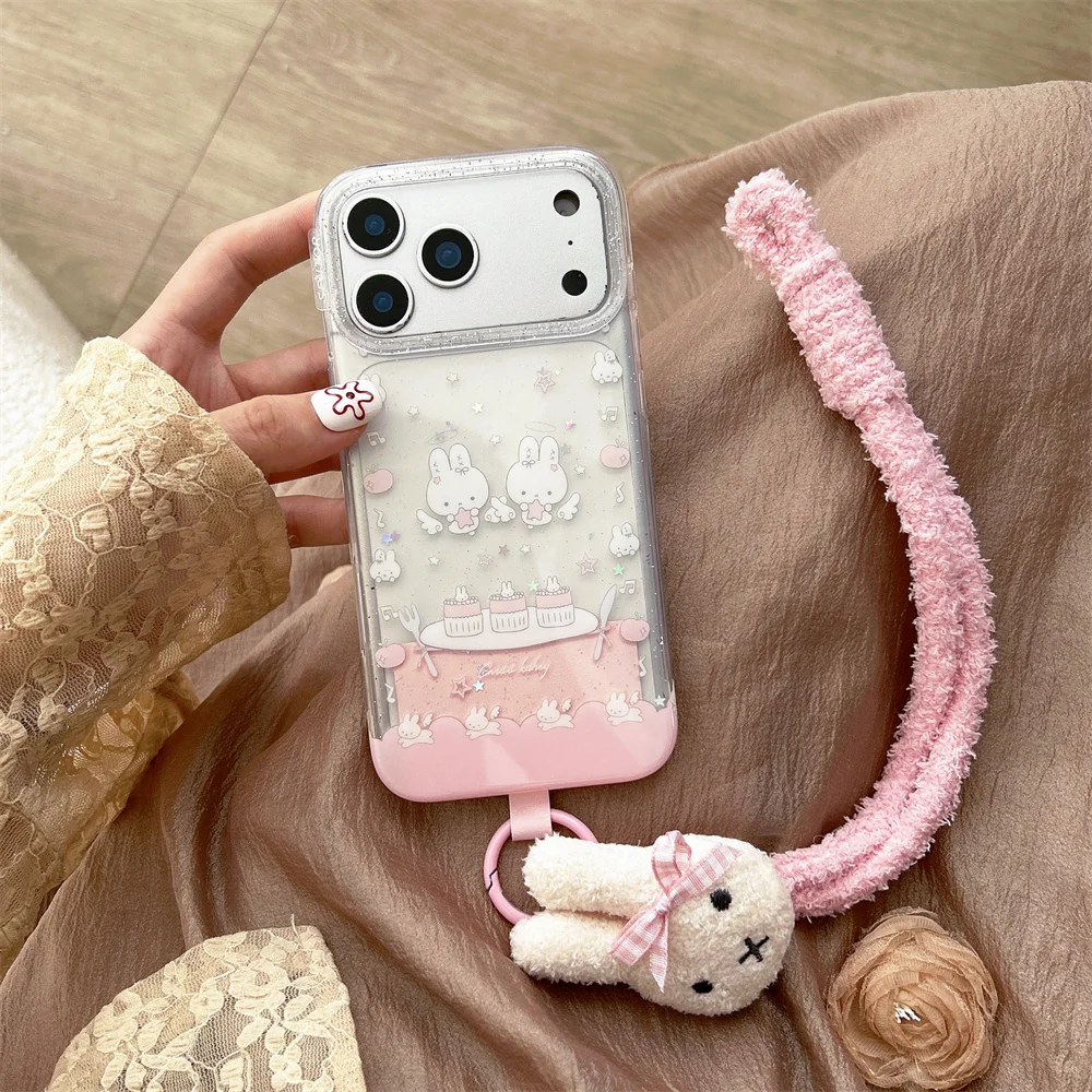 

INS Cute Angel Rabbit Glitter Phone Case for iPhone 16 Pro 15 14 13 17 Pro Max Cover with Plush Pendant Cartoon Shockproof Funda