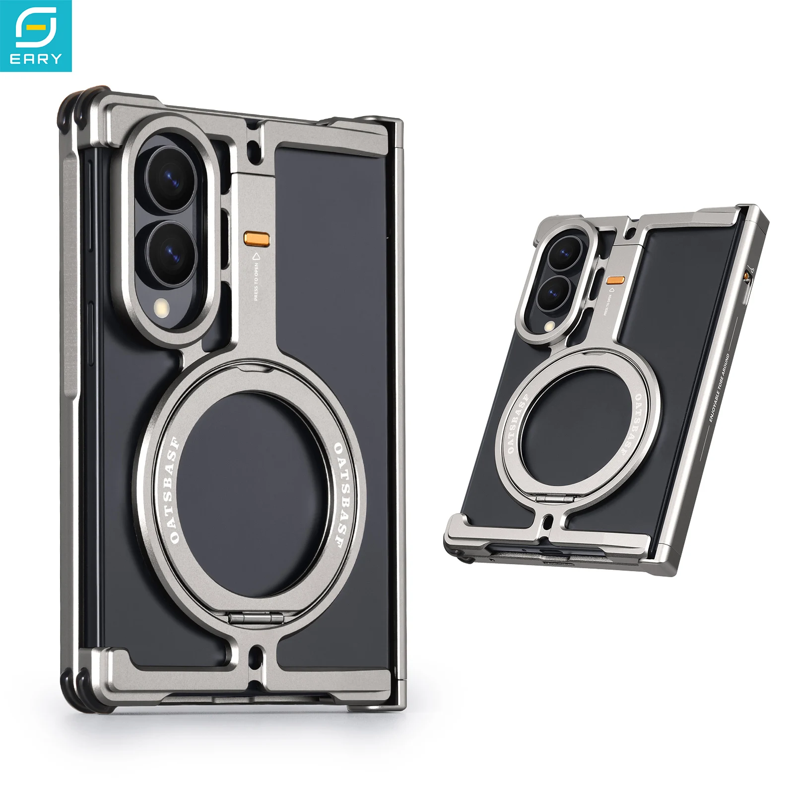 Eary for Samsung Galaxy Z Fold 8 Metal Phone Case with 360° Rotatable Magnetic Stand Minimalist Aluminum Frame Bumper Full Cover