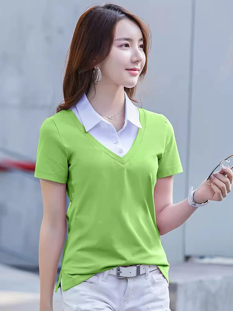 New Women Summer Short Sleeve T-shirt Fashion Patchwork Contrast Color Turn-down Collar Loose Tees Simplicity Casual Polo Tops