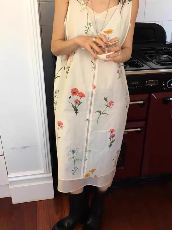 

Gentle Style Double Layered Loose Sleeveless V-Neck Floral Print Wrap Dress Women's Summer Casual City Commute High Waist Dress