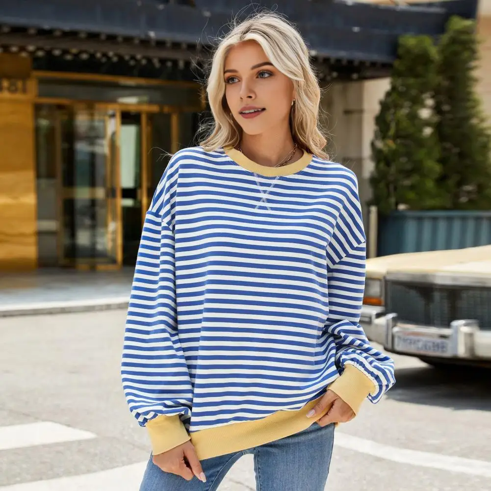 Long Sleeve Top Lantern Sleeve Sweatshirt Striped Print Round Neck Sweatshirt for Women Loose Pullover with Long Sleeves Elastic