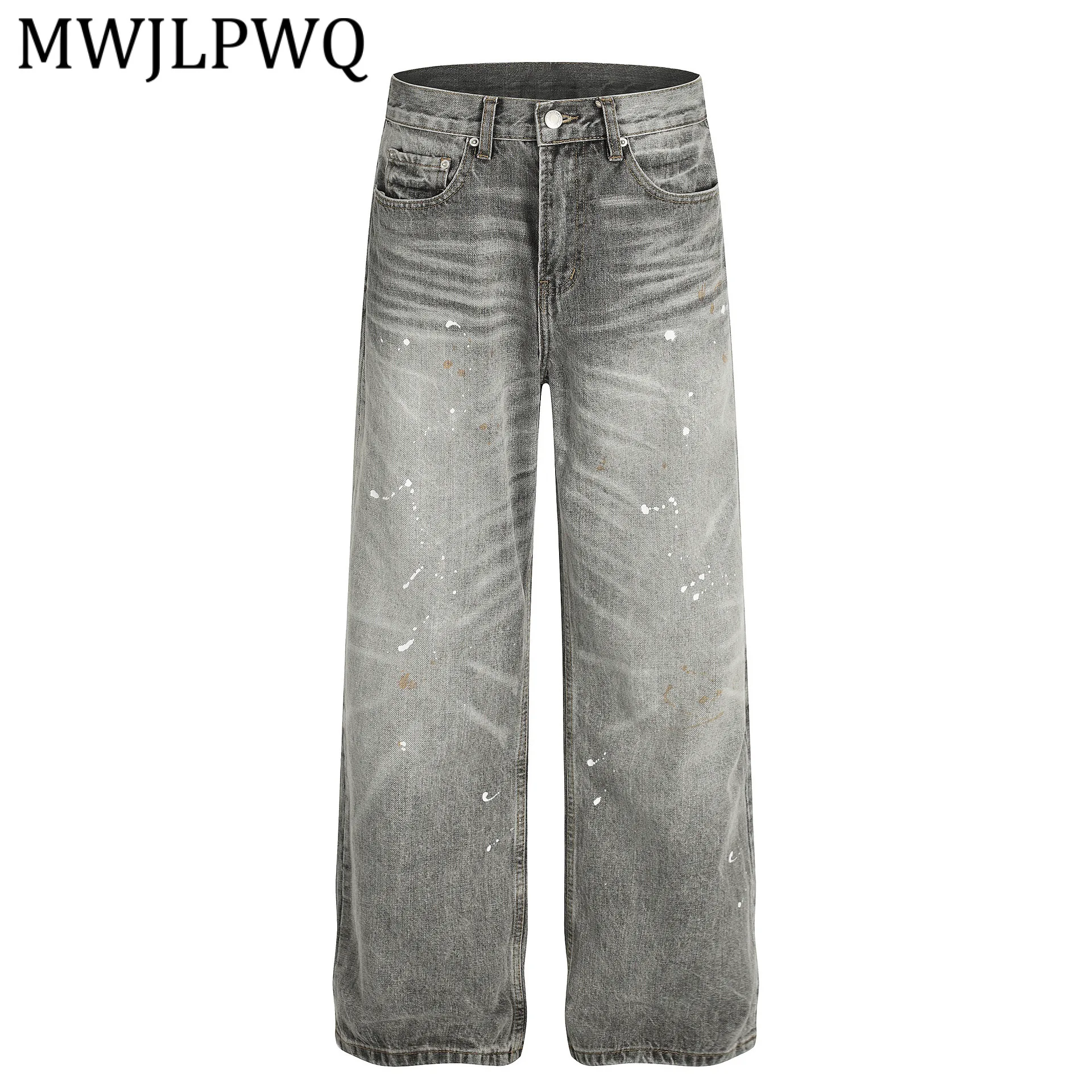 

MWJLPWQ American Retro Washed Jeans For Men High Street Spain Ink Design Fashion Straight Denim Pants 2026 Spring New 13579