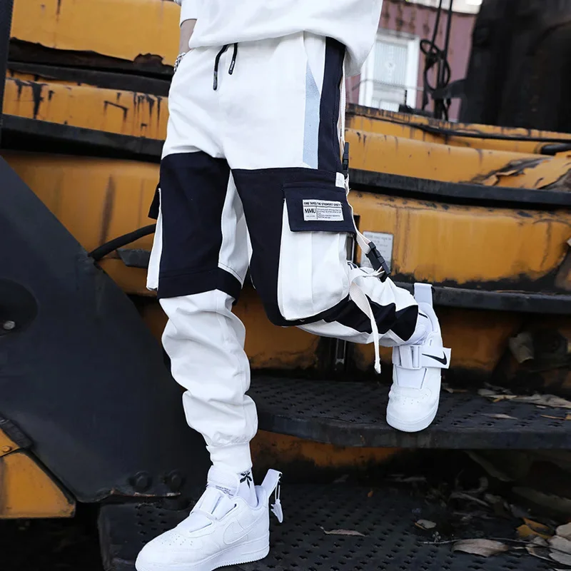 Y2K Joggers pantaloni Cargo per uomo Casual Hip Hop Pocket pantaloni maschili pantaloni sportivi Street Ribbons Techwear White Pant Pantalon Homme