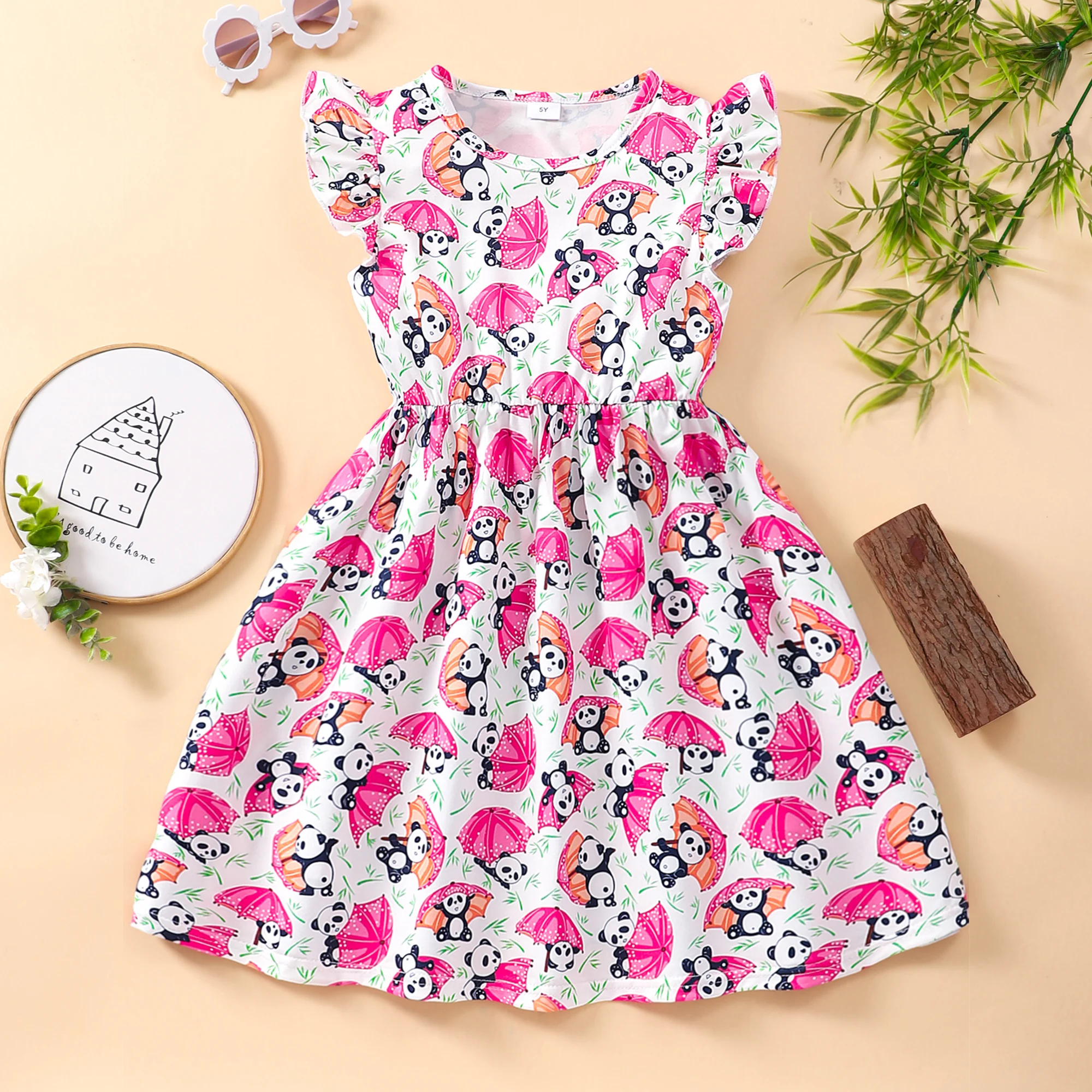 2024 Kids Girls Dress Summer Short Sleeve Panda Printing Fashion Casual Cute Children Dress Colorful Girls Clothing 3 4 5 6 7 Y