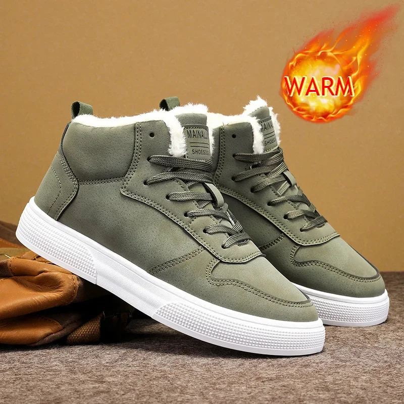 

Men's Beige Winter Warm Fur-Lined High-Top Sneakers Lace-Up Design Non-Slip White Sole Comfortable Casual Footwear Cold Weather