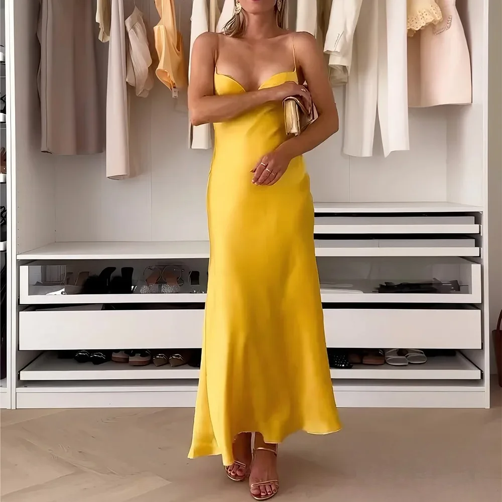 KONDALA シックなイエローサテンワンピース Vネック コルセット ロングドレス レディース セクシー キャミ パーティードレス ファッション 2025 イブニングクラブドレス