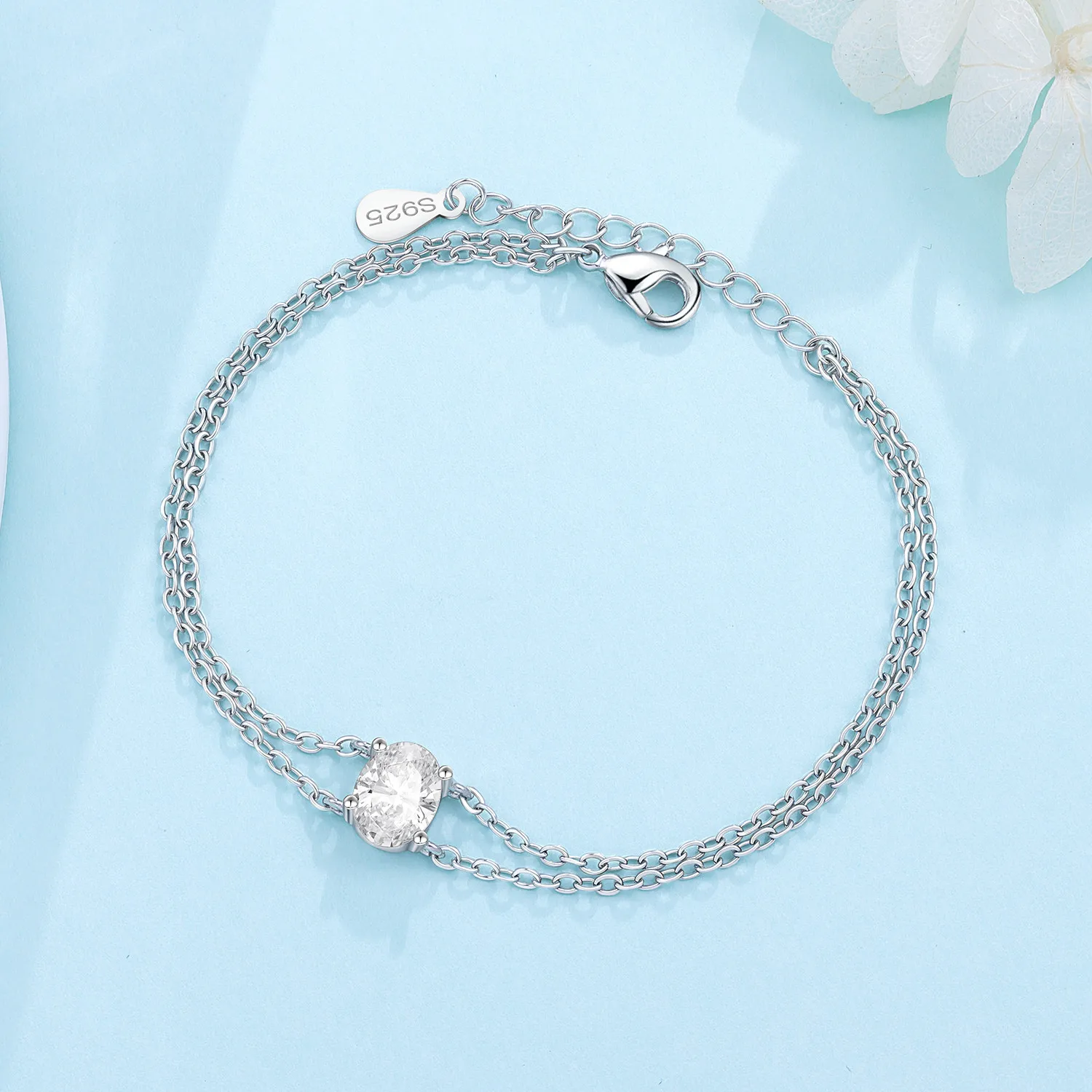 PANPOKI S925 Sterling Silver Elliptical Zzircon Double Layered Bracelet Chain Link Women Jewelry Party Trendy Anniversary Gifts