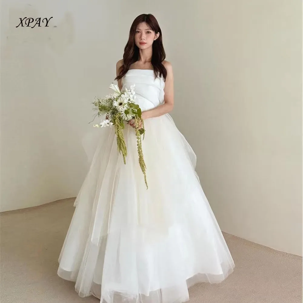 XPAY Simple Strapless Korea Wedding Dresseses Customised A Line Satin Tulle Puffy Sleeveless Wedding Bridal Dress Photos Shoot