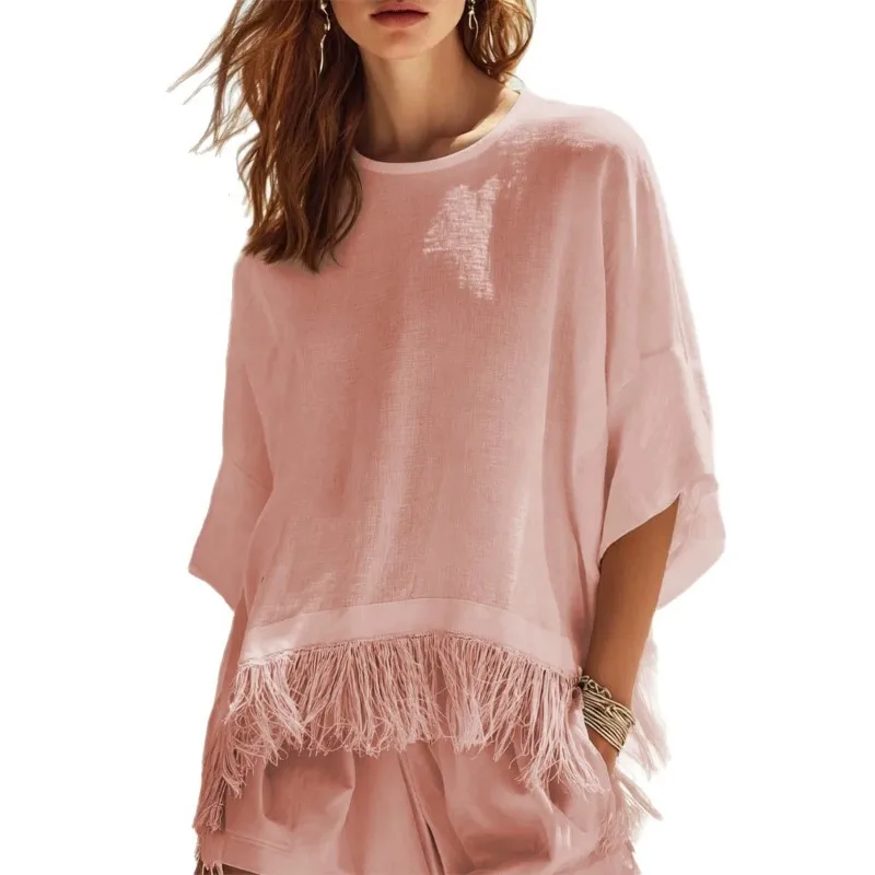 Women Solid Batwing Sleeve Tassel Hem Loose Blouse Lightweight Casual Linen Tops Multiple Colors