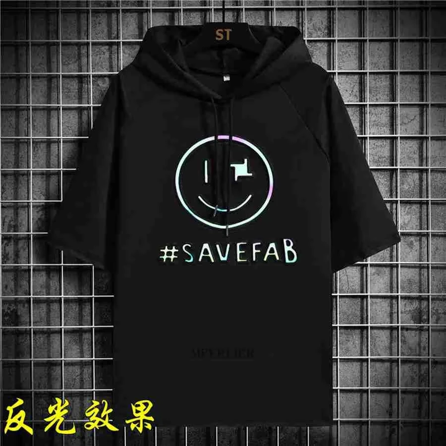 summer men japan style tshirt short sleeve hooded athflow sports tees high street plus size 8XL letter cartoon skateboard tops