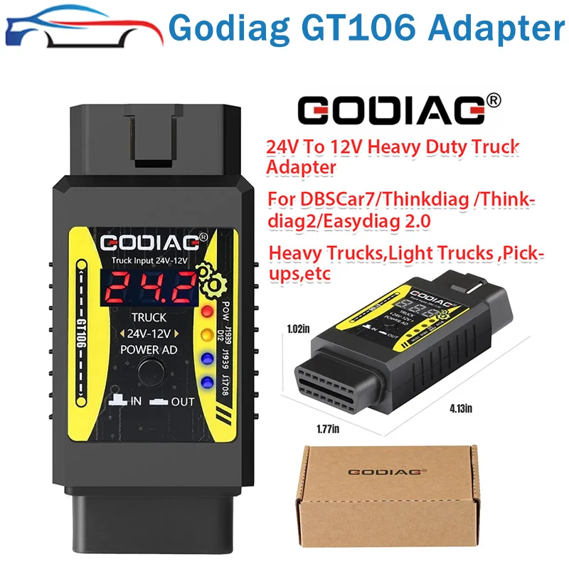 New Godiag GT106 24V to 12V Heavy Duty Truck Adapter for X431 for Truck Converter Heavy Duty Vehicles Diagnosis Support ThinkCar