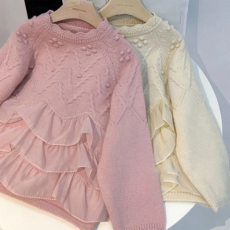 ملابس تريكو للفتيات مع بلوفر سفلي من الدانتيل ملابس خارجية للأميرة من الدانتيل للخريف والشتاء ملابس أطفال #3