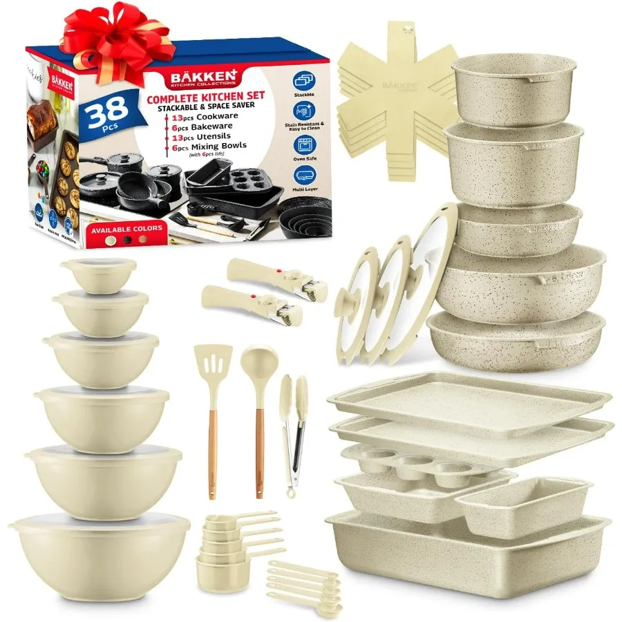 

Bakken Master 38 Piece Granite Cookware and Bakeware Set Nonstick Granite Coating Pots and Pans with Detachable Handles and Tem