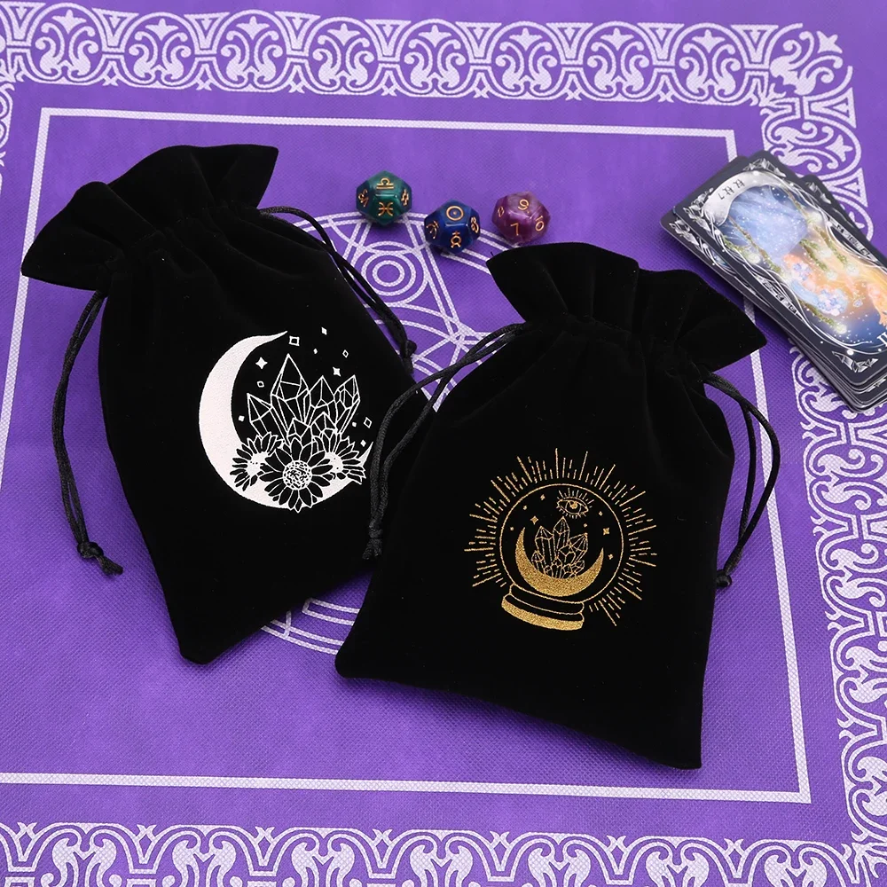 5Pcs Black Velvet Moon Phase Tarots Oracle Cards Storage Bag Runes Constellation Witch Divination Accessories Jewelry Dice Pouch