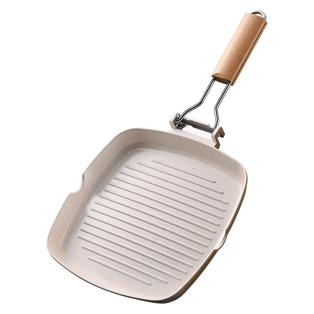 

Non-Stick Grill Pan With Folding Wooden Handle - Induction Portable Frying Pan Picnic Grill Pan Anti-Scald Wooden Handle
