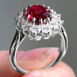 Gorgeous Silver Gold Color Metal Flower Round Red Stone Ring Elegant Party Engagement Wedding Rings for Women Jewelry