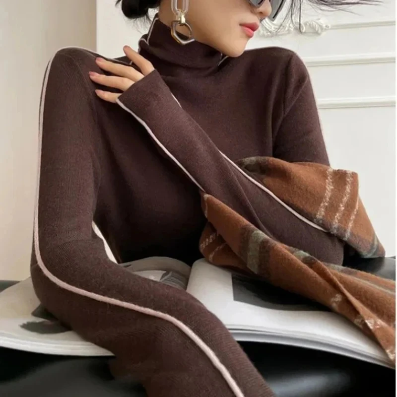 Pullovers Women Striped Turtleneck Warm Knitted Sweater Spring Fall Y2K Elegant Korean Office Lady Simple Design Bottom Jumpers