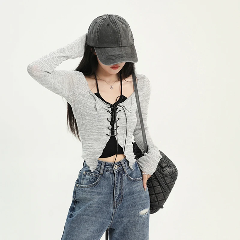 Korean Bandage Two-piece Cardigan Camis Set Women High Street Long Sleeve Gray V-neck Slim Thin Shirts Fashion Harajuku Y2K Tops