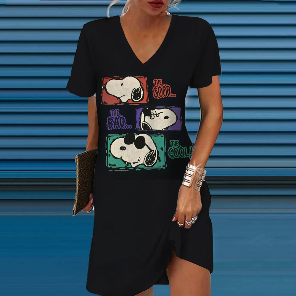 

2024 Europe and the United States spring and summer new women's print splicing V neck Snoopy print Loose dress women