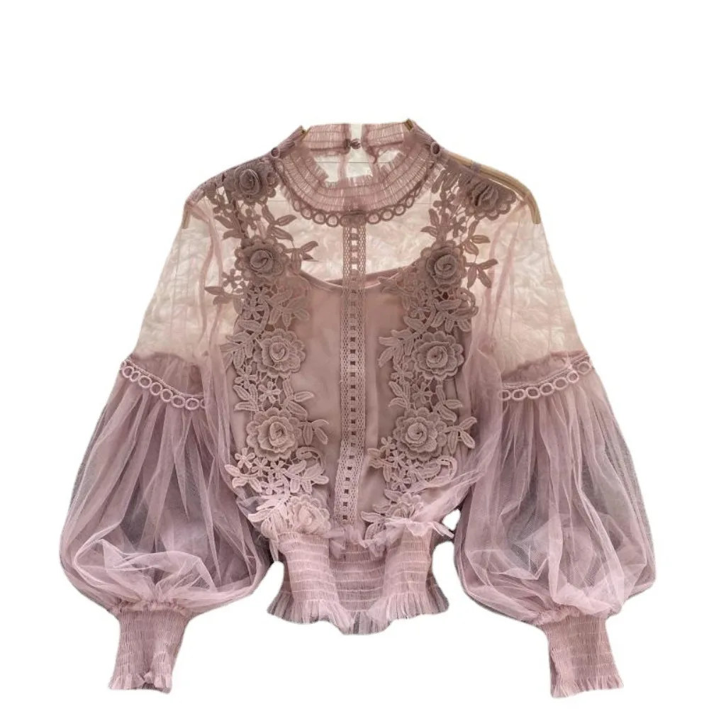 

2Pcs/Set Summer Lace Puff Long Sleeve Blouse 3D Flower Vintage Cropped Top Korean Fashion Women Shirts Clothing Women