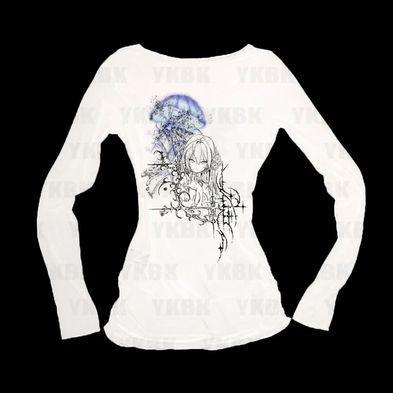 Grafik Harajuku Druck Brief Anime Langarm Damen T-Shirts 90er Slim Fit Vintage Damen Weiblich Trashy Y2k 2000er Tops Gothic