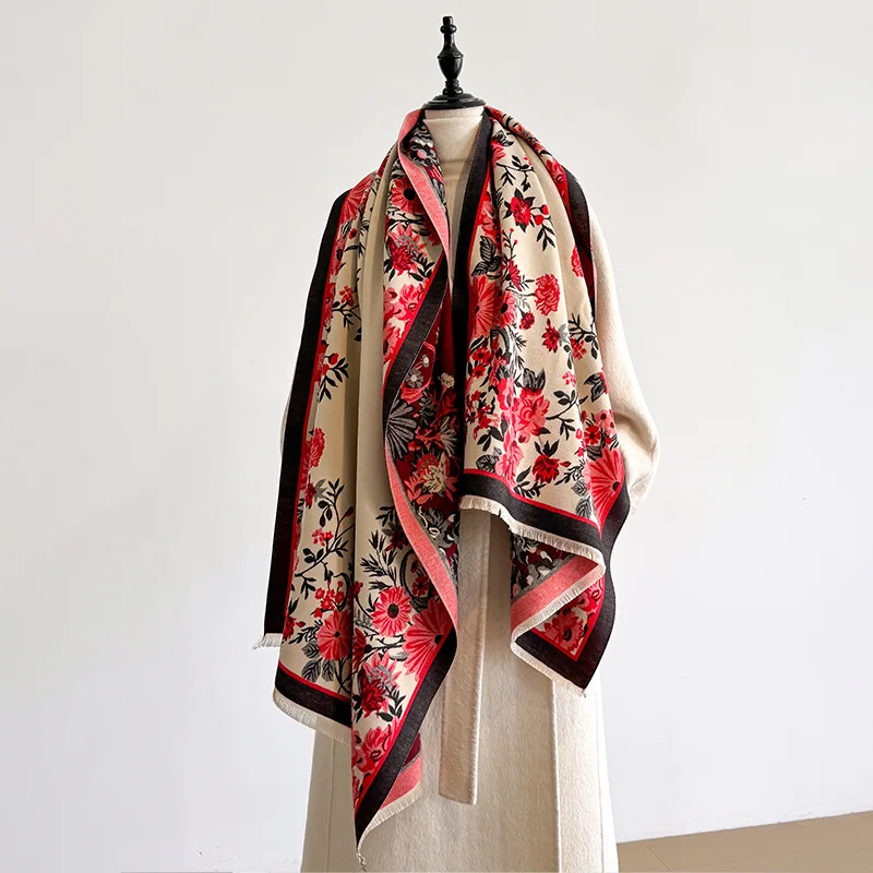 

Popular floral pattern air-conditioned room shawl women's autumn winter reversible faux cashmere scarf versatile neck warm