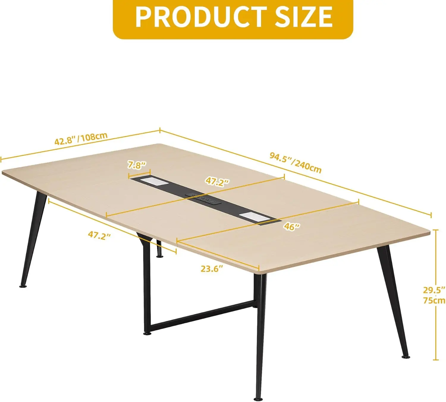 Mesa de conferência com tomadas, ilhó retangular, mesa reunião barco Shaped, Mesa Boardroom, 8FT, 94,5"