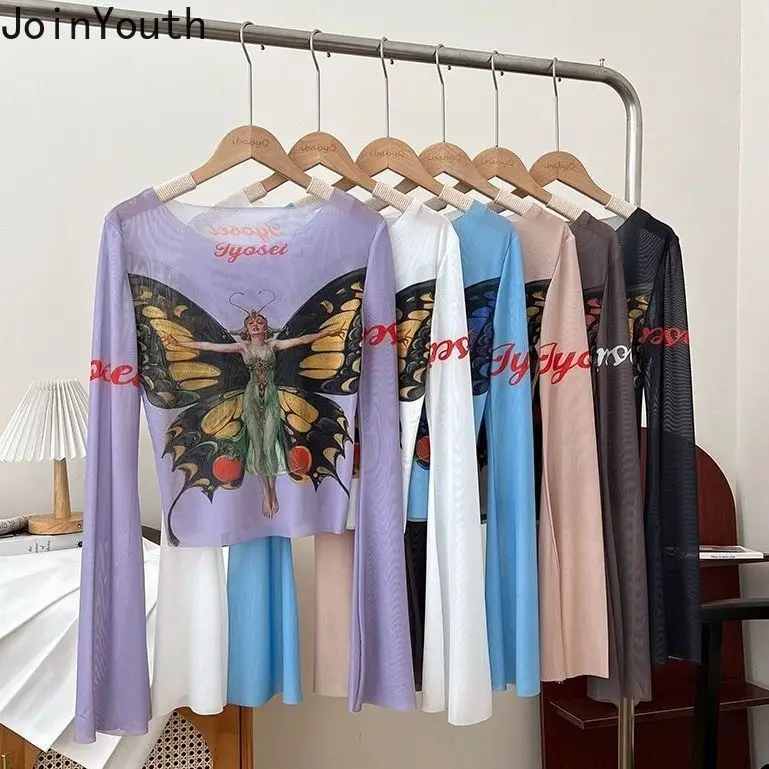 T Shirt Women Crop Tops O-neck Long Sleeve Tunic Tees Gauze Camisetas Y2k Tshirt Ropa Mujer See Through Butterfly Sexy T-shirts