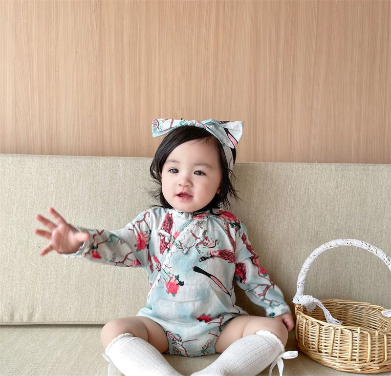 Qipao for Kids Cheongsam Chinese Traditional Pattern 0-2 Years Old Cute Baby Girl Chinese New Year Clothes Kids Blue Bodysuit